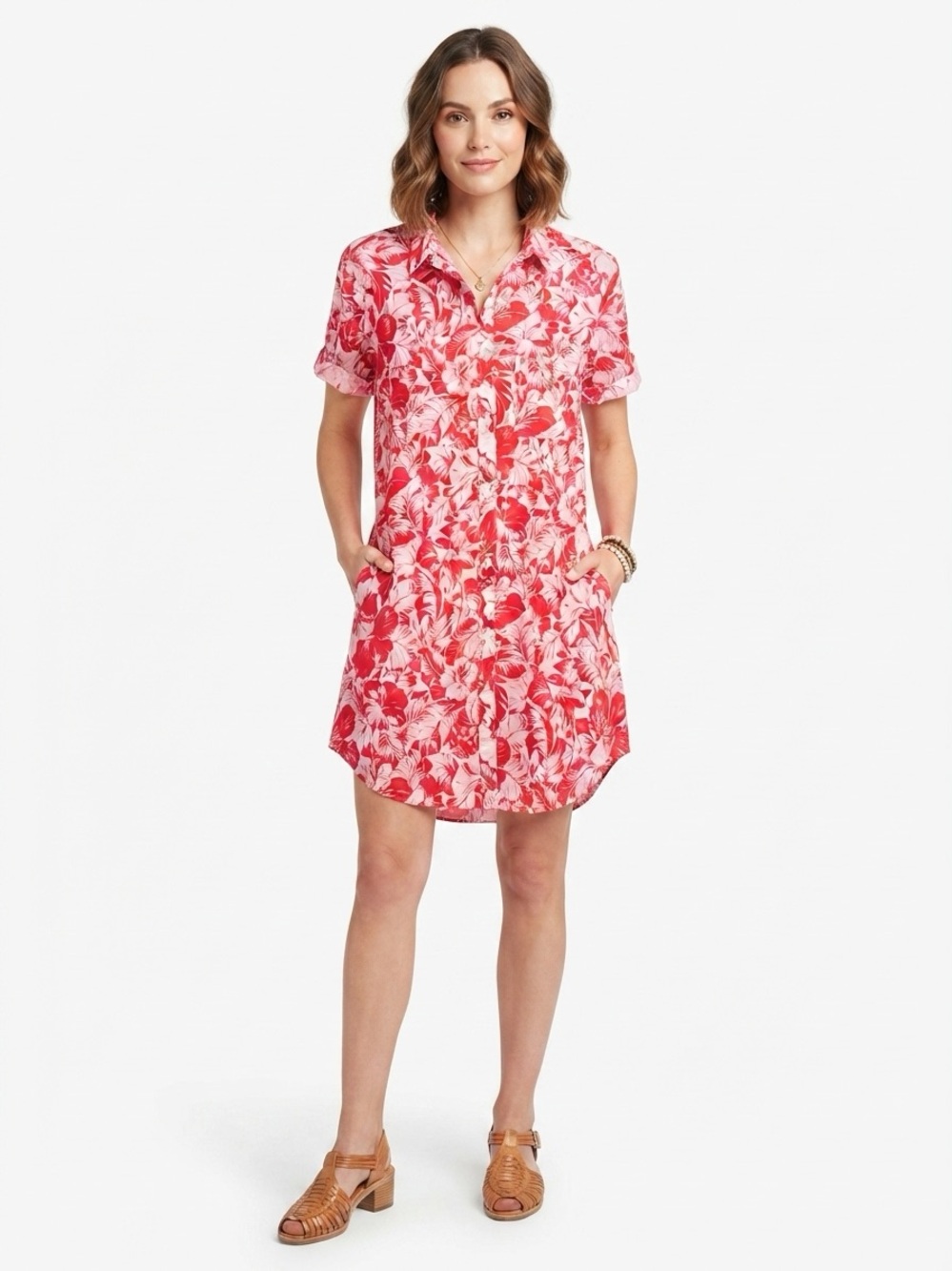 Onia Button Front Shirt Dress Tropical Floral Print Red White Medium